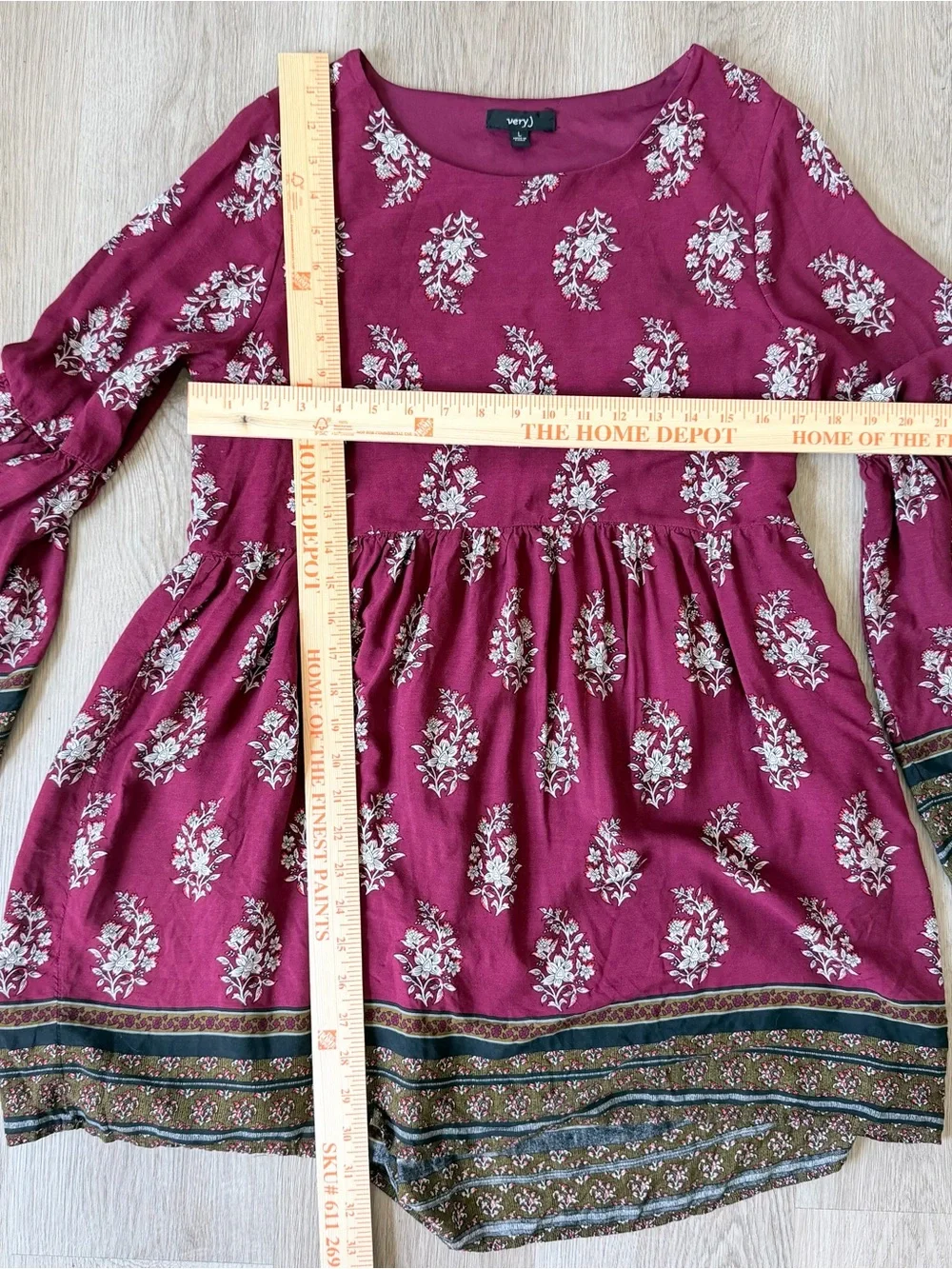 Very J Pull Over Flare Sleeve Tunic Shirt Mini‎ Dress Boho Large Lined Paisley L